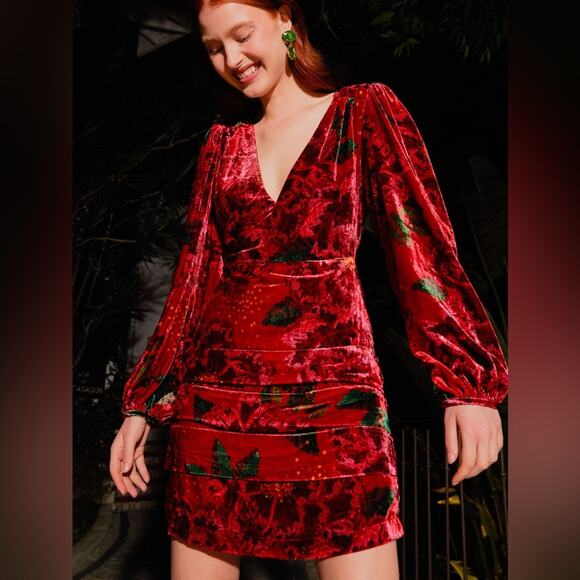 Farm Rio Red Shiny Flowers Mini Dress - Picture 2 of 9